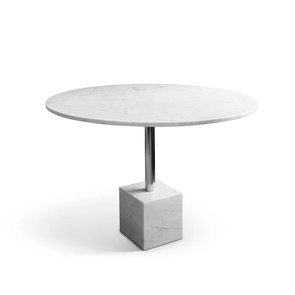 Knockout Dining Table Square Base, White Marble - Chrome Stem