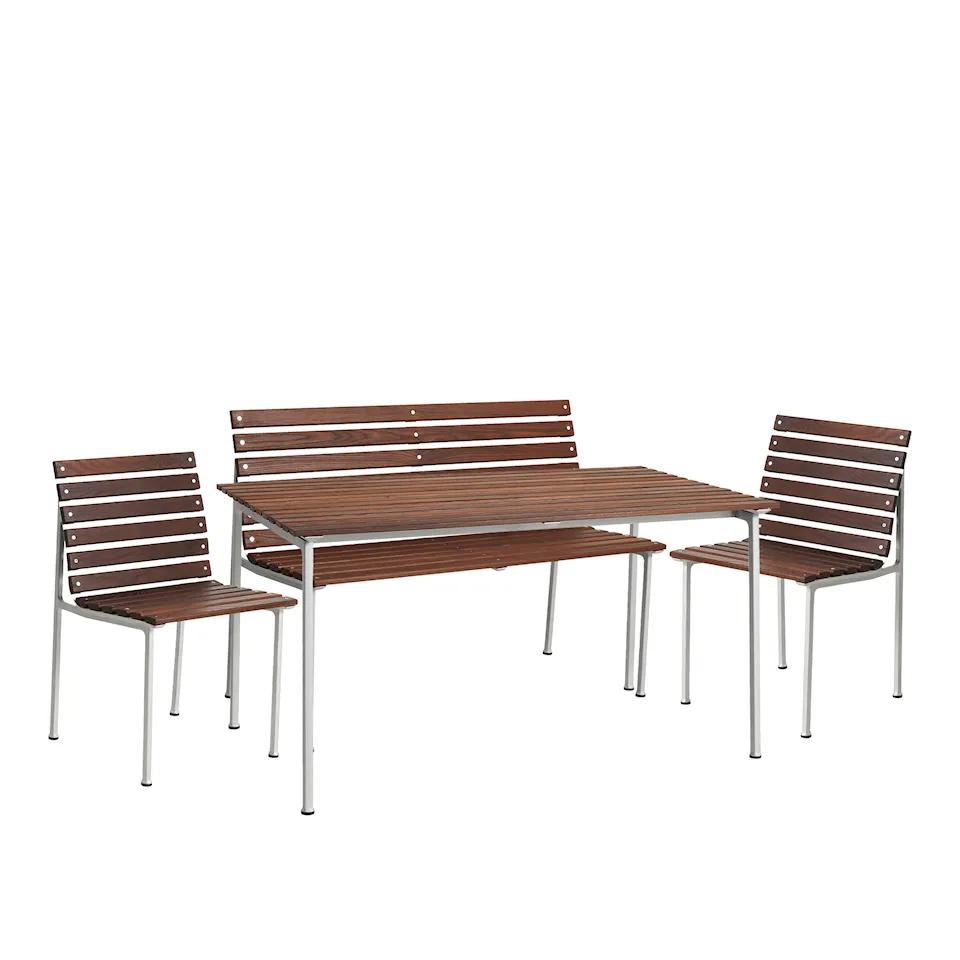 Traverse udendørs gruppespisebord 140 cm, 2 udendørs stole og havebænk