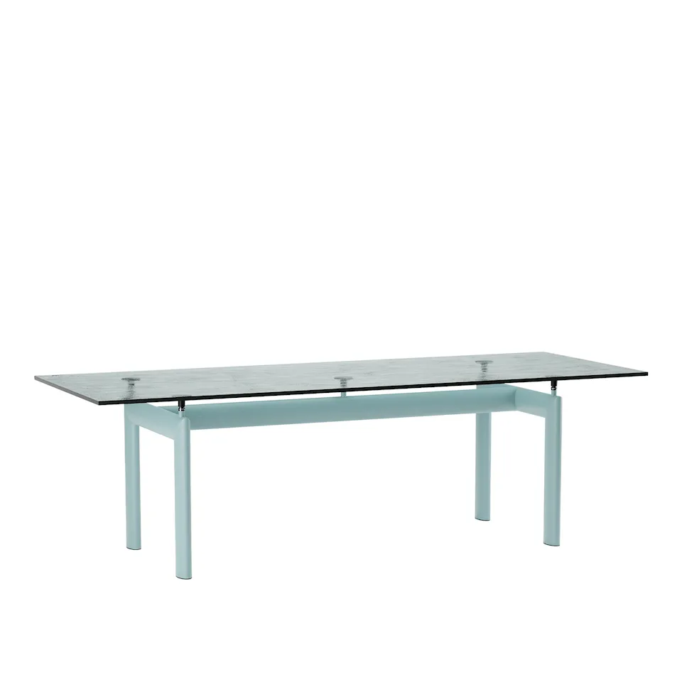 LC6 Table, Light Blue Enamel Steel Base, Textured Glass, 225 X 85 cm