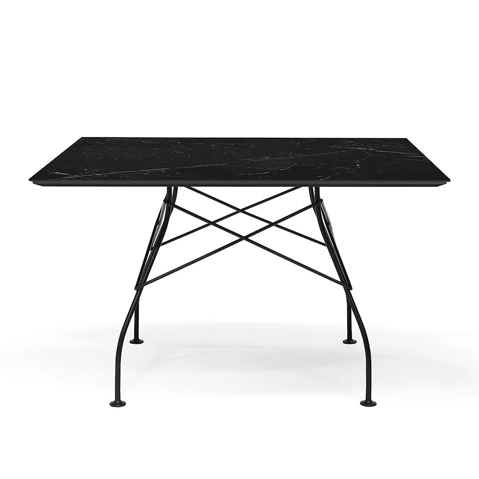 Glossy Square Table 118x118 Marble Top, Black Painted Steel Frame Black Marquina