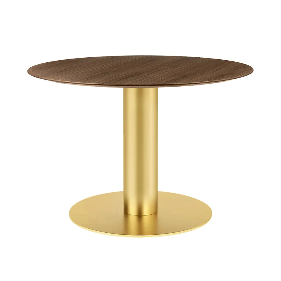 GUBI 2.0 Dining Table, Ø 110 cm, Top: Wood - Walnut, Base: Brass