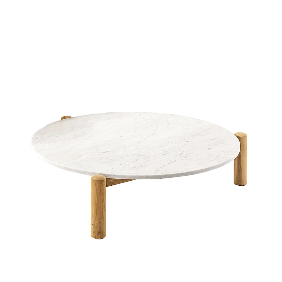 535 Table à Plateau Interchangeable Ø75, Outdoor, Solid Teak Wood Natural Finish, Top Carrara Marble