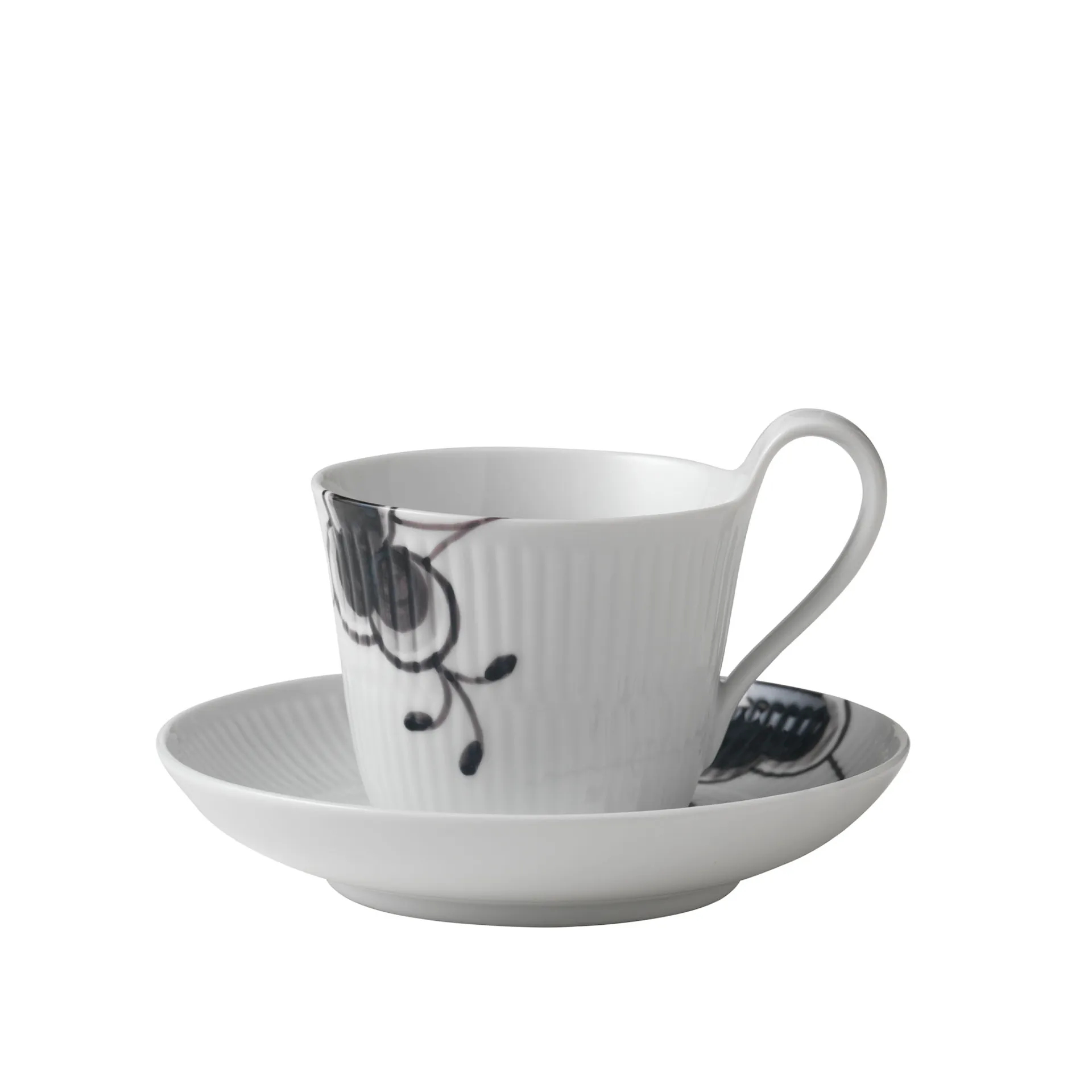 Black Fluted Mega Cup with High Handle & Saucer 24 cl Decoration No. 2 - Royal Copenhagen - NO GA