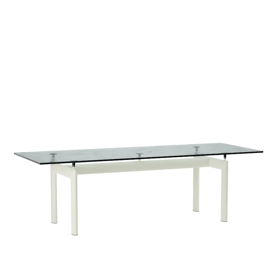 LC6 Table, Ivory Enamel Steel Base, Textured Glass, 225 X 85 cm