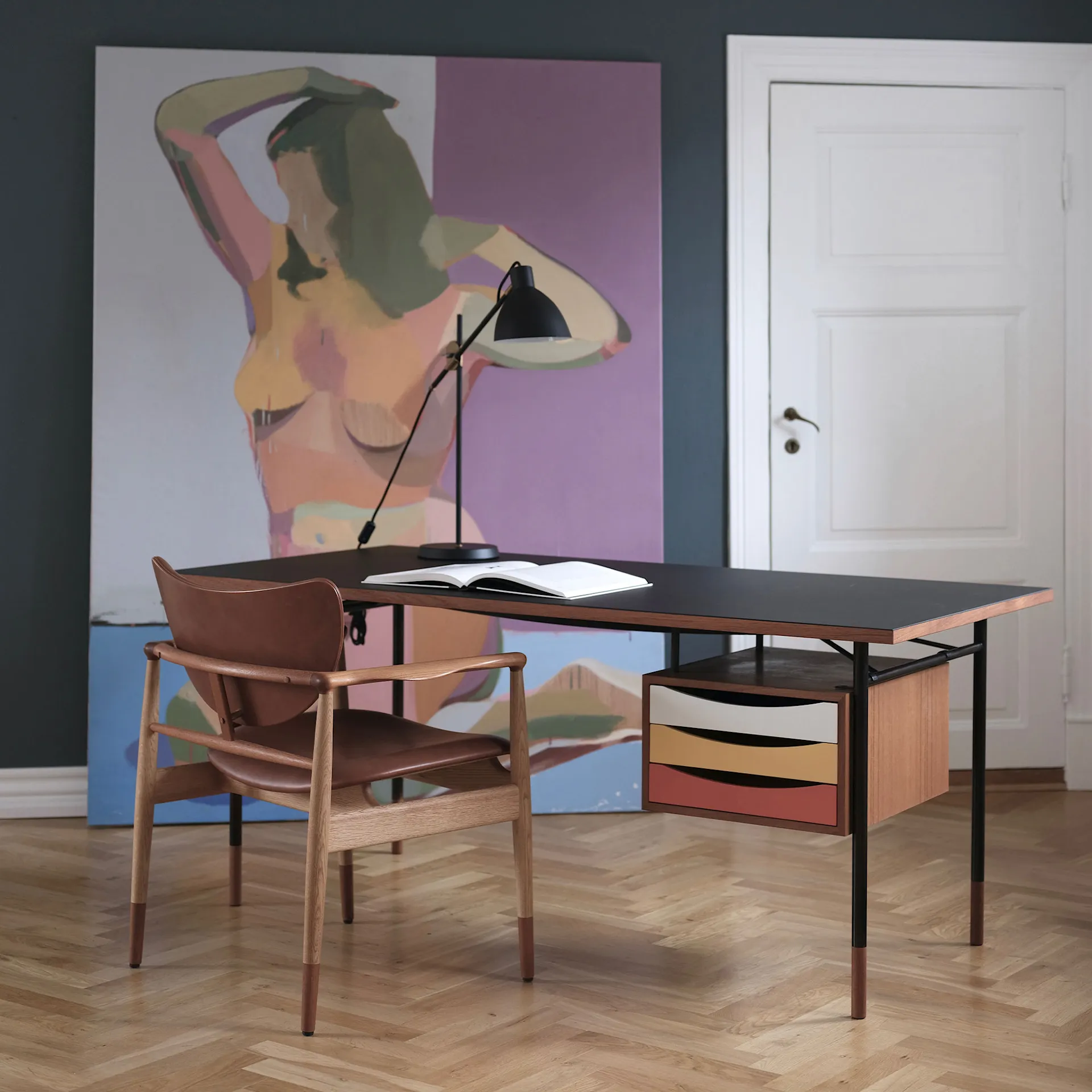 Nyhavn Desk, 170 cm, with Tray Unit, Oak Clear oil/Black linoleum, Black Steel, Cold - House of Finn Juhl - Finn Juhl - NO GA